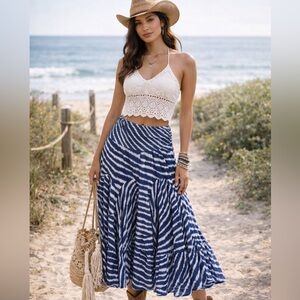 Y2K Grace Elements Cotton Tie Dye Maxi Stripe Skirt Stretch High Waist XL Blue